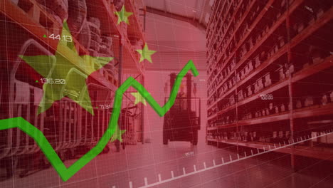 Animation-of-financial-data-processing,-flag-of-china-over-warehouse