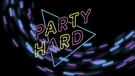 Animation-of-party-hard-text,-light-trails-and-abstract-shapes-moving-on-black-background