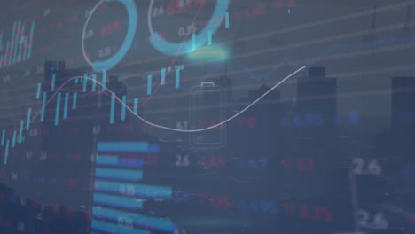 Animation-Des-Batteriesymbols-Im-Kreis-über-Diagrammen-Und-Handelstafel-Vor-Dem-Modernen-Stadtbild