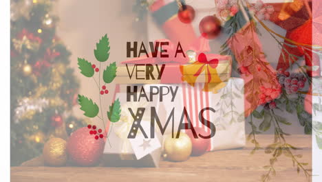 Animation-of-christmas-greetings-text-over-christmas-tree-and-decorations