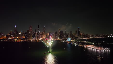 Drone-timelapse-of-a-fireworks-display-at-the-Navy-pier,-night-in-Chicago,-USA
