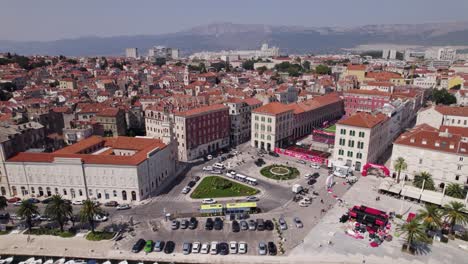 Croatia-Aerial:-Split's-central-square-with-modern-architecture-and-bustling-streets