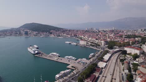 Aerial-Split,-Croatia:-Coastal-cityscape-with-boats-and-Adriatic-waters