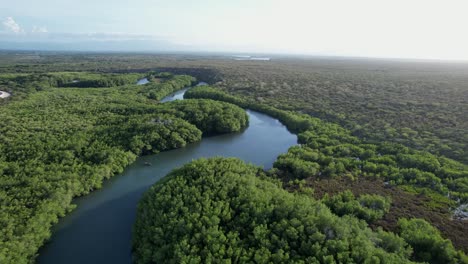 Natural-Dajabon-river-flows-through-scenic-green-landscape,-aerial-forward