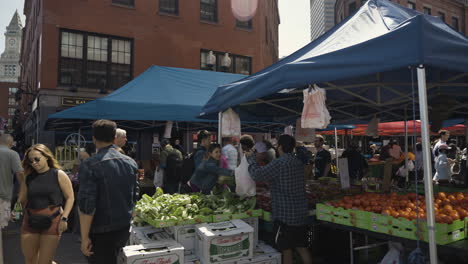 Toma-En-Cámara-Lenta-De-Un-Concurrido-Mercado-De-Agricultores-En-El-Centro-De-Boston-Durante-El-Día