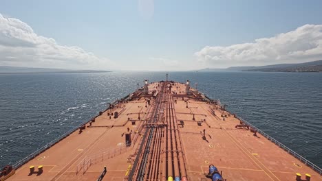 Timelapse-oil-tanker-bow-crossing-Dardanelles-strait-bridge-canakkale-sunny-day