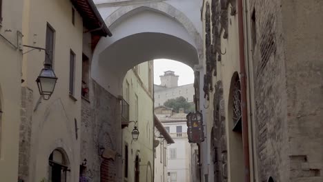 View-on-Albornozian-Fortress-of-Spoleto-located-in-Umbria-from-a-street-of-the-old-city