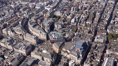 Aerial-view-of-Piccadilly-Circus,-Regents-Street-and-Soho,-London,-UK