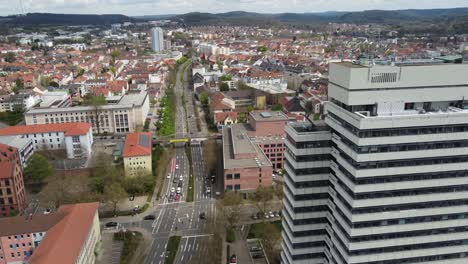 Aerial-cityscape-view-of-Kaiserslautern-street-traffic-at-town-hall-and-pfalz-Theater