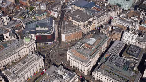 Aerial-view-of-Piccadilly-Circus-and-the-Eros-Statue,-Soho,-London,-UK