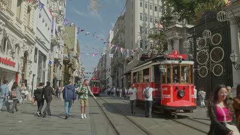 Istanbul-city-iconic-electric-red-public-trams-meet-on-Istiklal-street