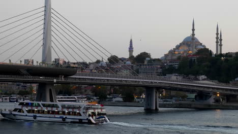 Suleymaniye-mosque-Golden-horn-metro-bridge-and-evening-ferry-cruise-boat