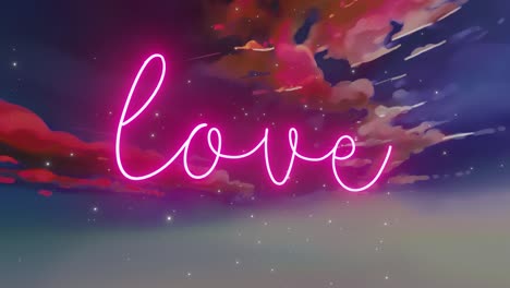 3D-glowing-neon-animation-of-the-text-"love"-with-beautiful-stars-and-pink-clouds