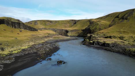 River-to-Gorgeous-Canyon-in-Iceland-during-Summer-near-Laugavegur-Trail--Aerial-Landscape