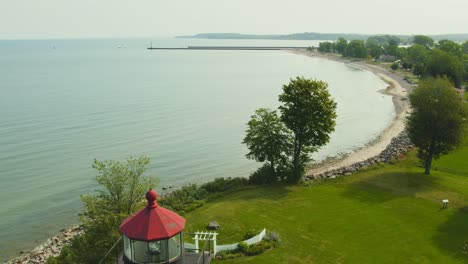 Drone-shot-of-the-light-houses-at-Sodus-point-New-York-vacation-spot-at-the-tip-of-land-on-the-banks-of-Lake-Ontario