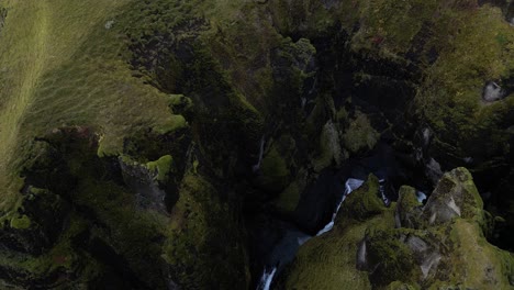 Steep-Cliff-Canyon-of-Fjaorargljufur,-Iceland---Aerial-Drone-Landscape-Bird's-Eye-View