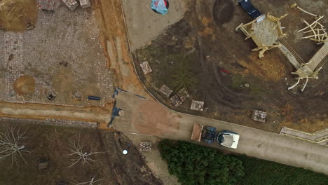 Park-pathways-under-construction,-aerial-top-down-view