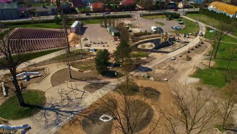 Town-park-under-construction-process,-aerial-view