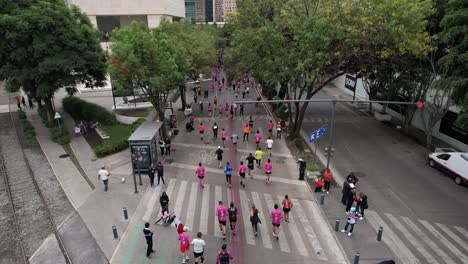 Rückansicht-Drohnenaufnahme-Von-Läufern,-Die-Während-Des-Mexico-City-Marathons-In-Polanco-An-Der-Mazaryk-Avenue-Vorbeikommen