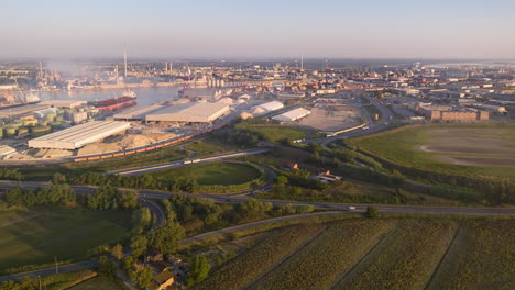 Aerial-time-lapse-of-industrial-and-port-area-of-Ravenna,production-district-is-made-up-of-a-chemical-and-petrochemical-pole,-thermoelectric-and-metallurgical-plants