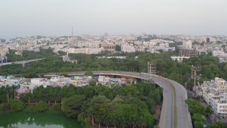 An-aerial-view-of-the-Hyderabad-Khairatabad-flyover-area,-the-state-capital-and-largest-city-of-Telangana