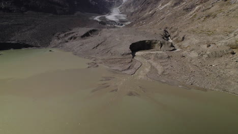 Panoramic-view-of-Alpine-Glacier-Lake,-Pasterze-Glacier-melting-lake-stream-at-the-foot-of-the-Grossglockner-Mountain-in-High-Tauern-National-Park,-Austria