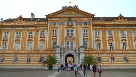 Melk-Abbey-is-a-Benedictine-abbey-above-the-town-of-Melk,-Lower-Austria,-Austria,-on-a-rocky-outcrop-overlooking-the-Danube-river