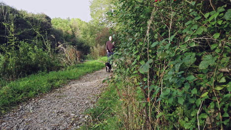 Ein-Mann-Und-Sein-Schwarzer-Hund-Mit-Einem-Weißen-Fleck-Auf-Der-Brust-Gehen-Auf-Einem-Treidelpfad-Am-Kanal