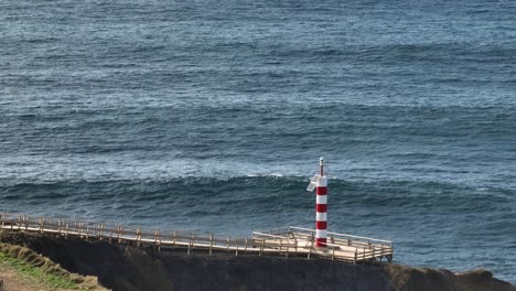 Fenais-da-Ajuda-lighthouse-on-rocky-cliff,-aerial-telephoto,-waves-background