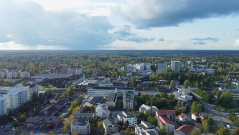 Autumn-aerial-flyover:-buildings-and-street-traffic-in-Kerava,-Finland