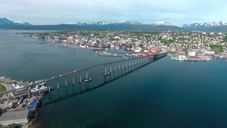 Bridge-of-city-Tromso,-Norway-Aerial-footage