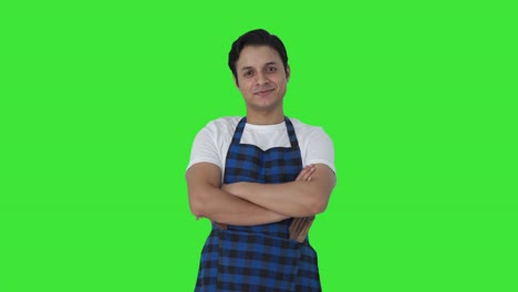 Porträt-Eines-Glücklichen-Indischen-Kochs,-Grüner-Bildschirm