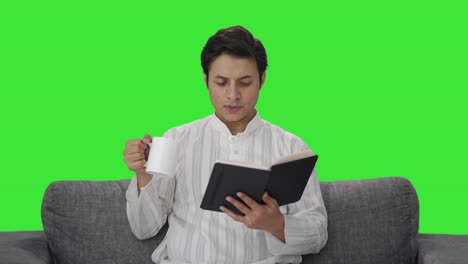 Indischer-Mann-Liest-Ein-Buch,-Grüner-Bildschirm