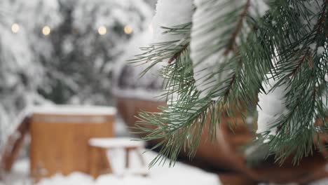 Close-up-of-branch-with-snow-and-wood-sauna-barrel-in-background.