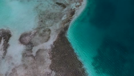 Shades-of-blue-on-Caribbean-Sea,-Aerial-Top-View-Tilt-Up-Reveal-paradise-los-roques-Archipelago