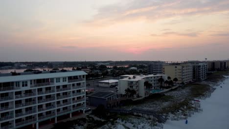 Aerial-view-before-sunrise-of-Okaloosa-Island-Beach-in-Destin-Fort-Walton-Beach,-Florida