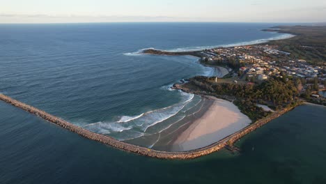 Aerial-View-Blue-Sea,-Turners-Beach,-And-Clarence-River-In-Yamba,-NSW,-Australia