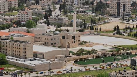 Panoramic-Aerial-Of-A-Mosque-In-The-City-Of-Ramallah,-State-Of-Palestine
