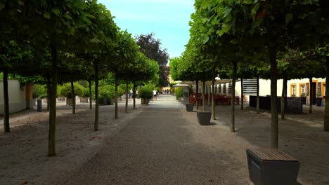 Gardens-of-Melk-Abbey-with-People-Walking-Around-in-the-Shades-of-Maple-Trees