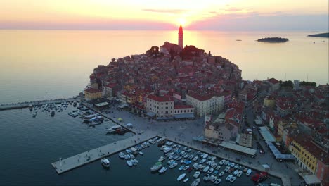 Shot-of-Aerial-panorama-of-sunset-in-the-old-town-of-Rovinj