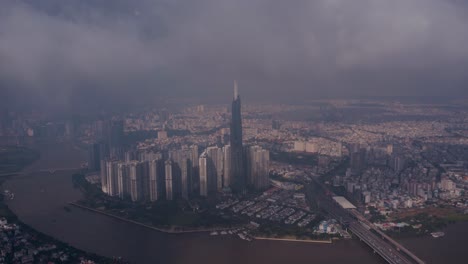 Aerial-hyperlapse-of-Landmark-building-up-in-clouds,-Vietnam