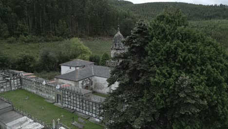 Aerial-reveal-of-old-church-in-the-countryside-at-Galicia-in-Spain
