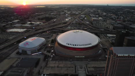 Louisiana-Superdome-is-the-world's-largest-indoor-stadium,-in-New-Orleans---Aerial-view