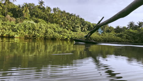 Ruder-Eines-Fischerbootes,-Das-Im-Fluss-Saleri,-Goa,-Indien-Schwimmt,-4k
