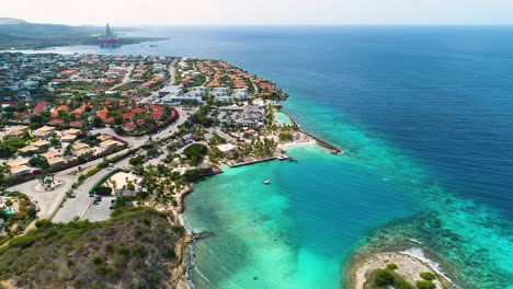 Aerial-cinematic-zoomed-pullback-reveals-Jan-thiel-and-zanzibar-beach-in-Curacao