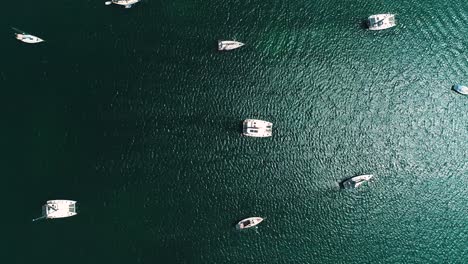 Boats-anchored-in-open-ocean,-top-down-above-catamarans-and-sailboats,-left-to-right-pan