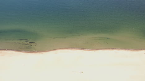 Aerial-top-down-shot-of-sandy-Jelitkowo-Beach-in-Gdansk-with-Baltic-Sea-during-sunny-day