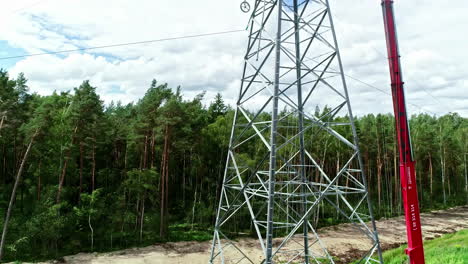 Close-up-aerial-view-of-the-construction-of-the-poles-for-new-high-voltage-lines
