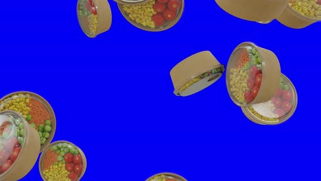 Close-shot-of-Salad-Boxes-Falling-on-4K-Blue-Screen-With-Alpha-Matte