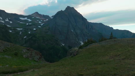 Aerial-cinematic-drone-magical-summer-sunset-dusk-Mount-Sniffels-wilderness-lower-Blue-Lakes-Southern-Colorado-San-Juan-Ridgway-Telluride-Silverton-Rocky-Mountains-lush-green-slowly-forward-motion